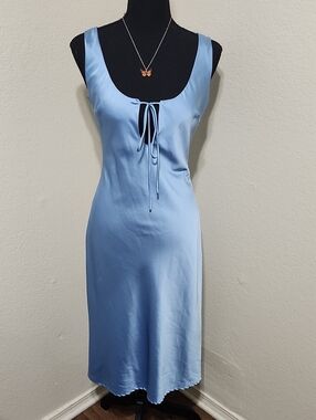 American Threads Oakley Keyhole Satin Midi Dress Ice Blue SzS Date Night Wedding